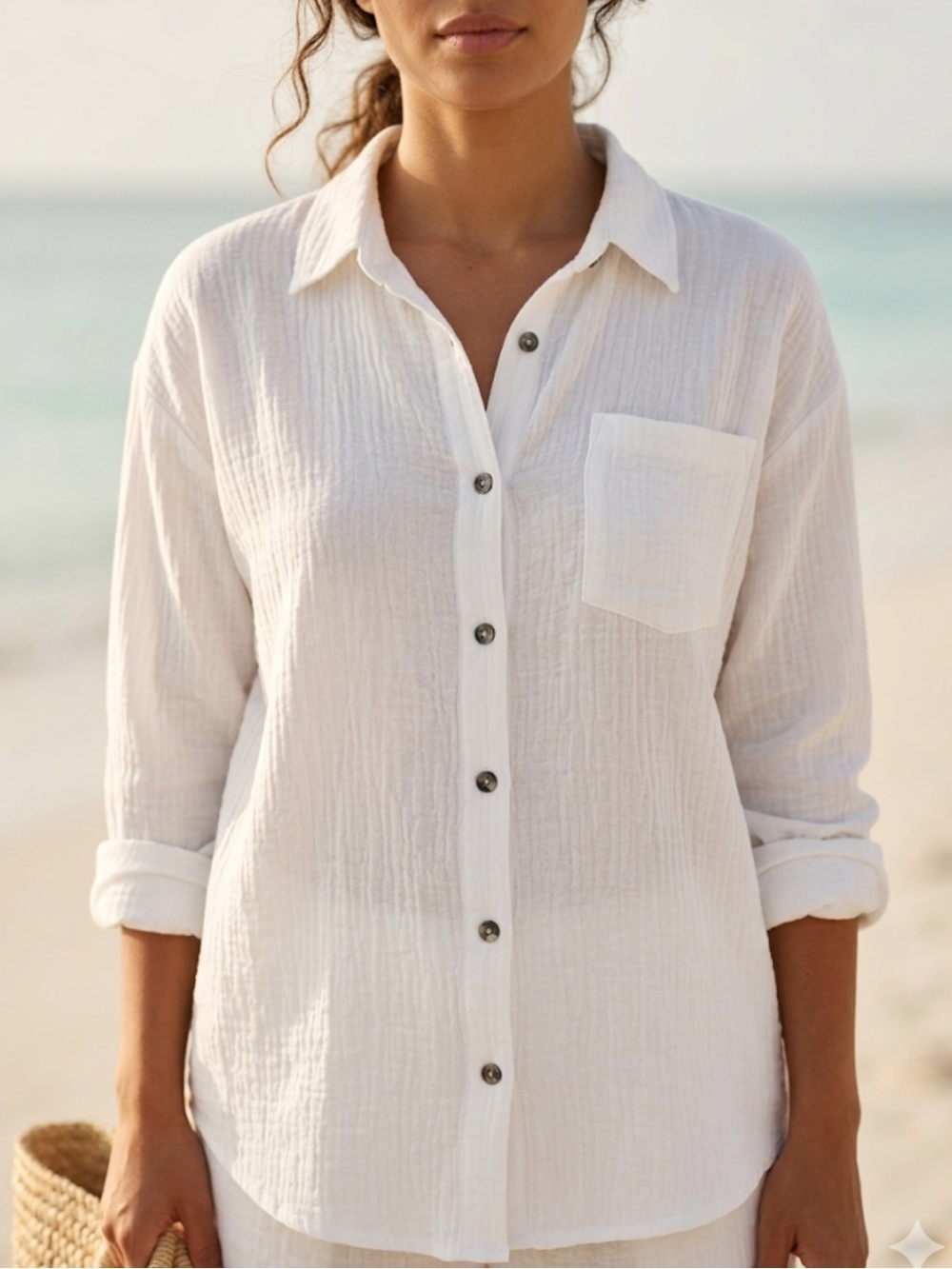 Monteau Textured Button‑Front Top – Size XS | Coastal Beachy | Summer Minimalist